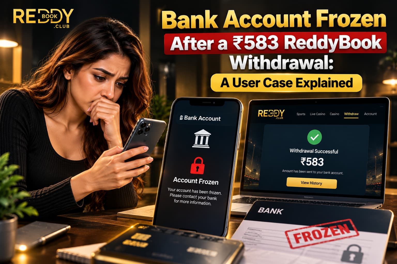 Bank Account Frozen After ₹583 ReddyBook Withdrawal – User Reviewing Bank Freeze Alert and Payment Records