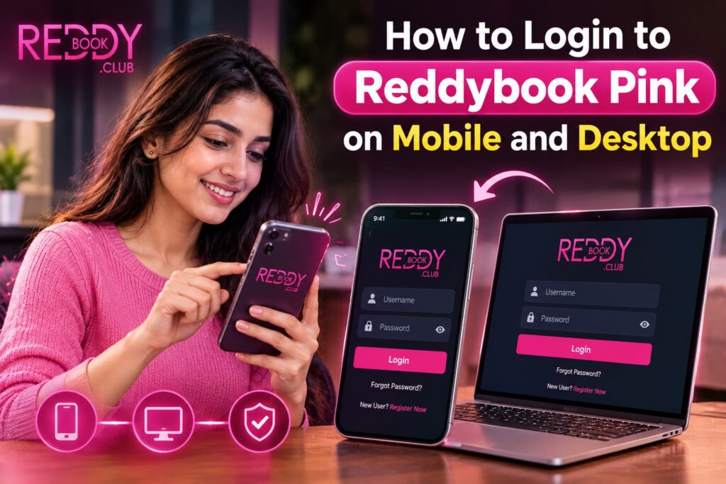 Woman Identifying Fake ReddyBook Pink Login Pages on Laptop and Smartphone with Phishing Warning Signs