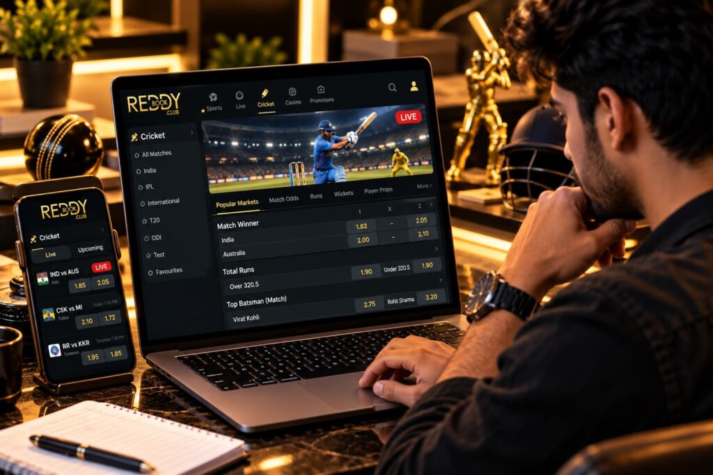 ReddyBook Sports Betting and Cricket Market Transparency – User Reviewing Live Cricket Odds and Betting Markets on Laptop and Mobile